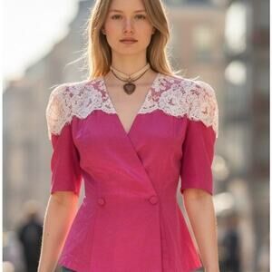 Vintage 80's Watters & Watters Victorian Style Lace Peplum Back Bow Blouse